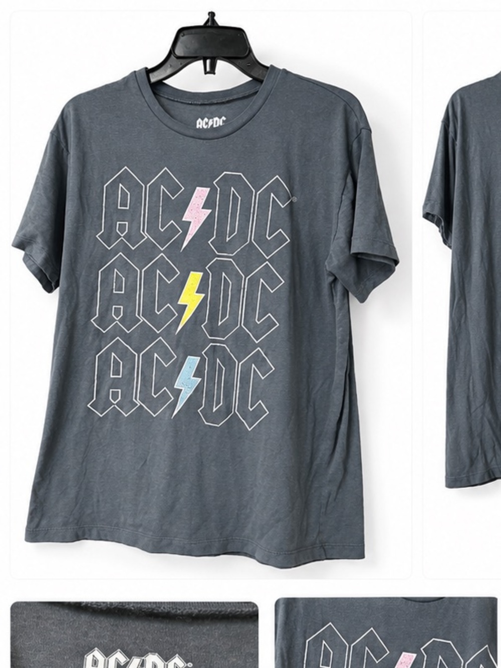 AC/DC Graphic Tee in Faded Black with Pink, Yellow, Blue Lightning Bolts